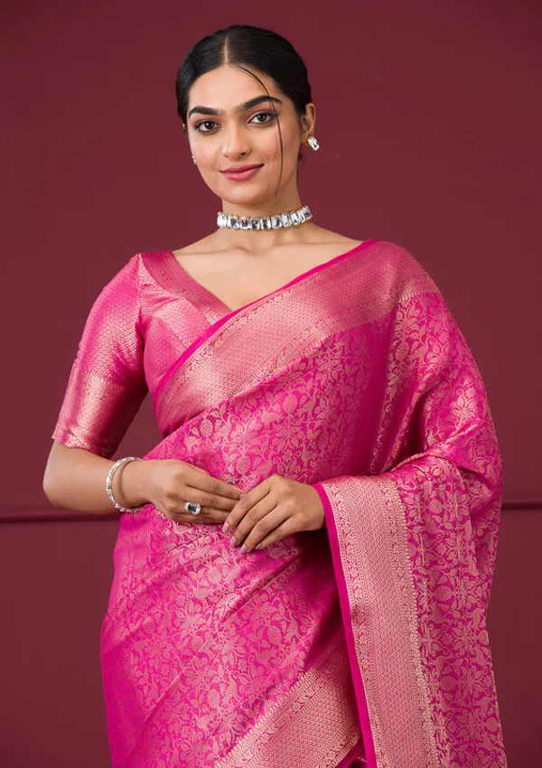 Rani_Pink_Silk_Jaal_Gold_Zariwork_Saree_With_Matching_Blouse_Piece