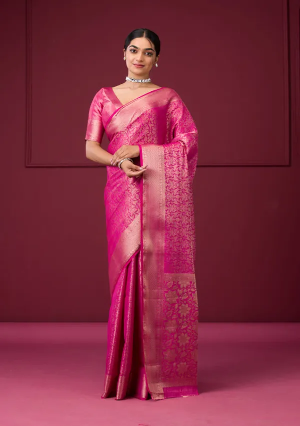 Rani_Pink_Silk_Jaal_Gold_Zariwork_Saree_With_Matching_Blouse_Piece