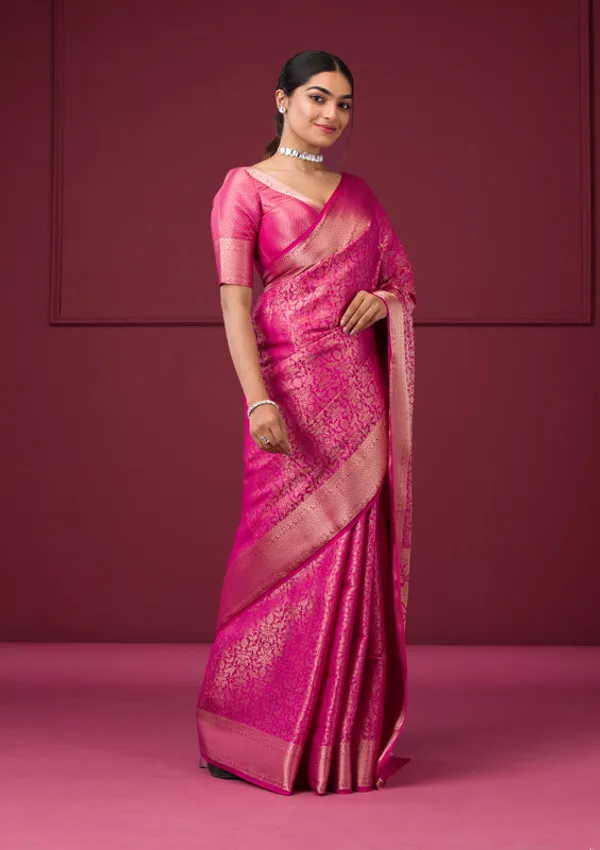 Rani_Pink_Silk_Jaal_Gold_Zariwork_Saree_With_Matching_Blouse_Piece