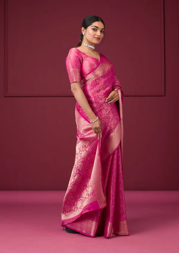 Rani_Pink_Silk_Jaal_Gold_Zariwork_Saree_With_Matching_Blouse_Piece