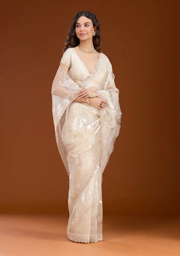 Beige_Stonework_Gold_Organza_Saree