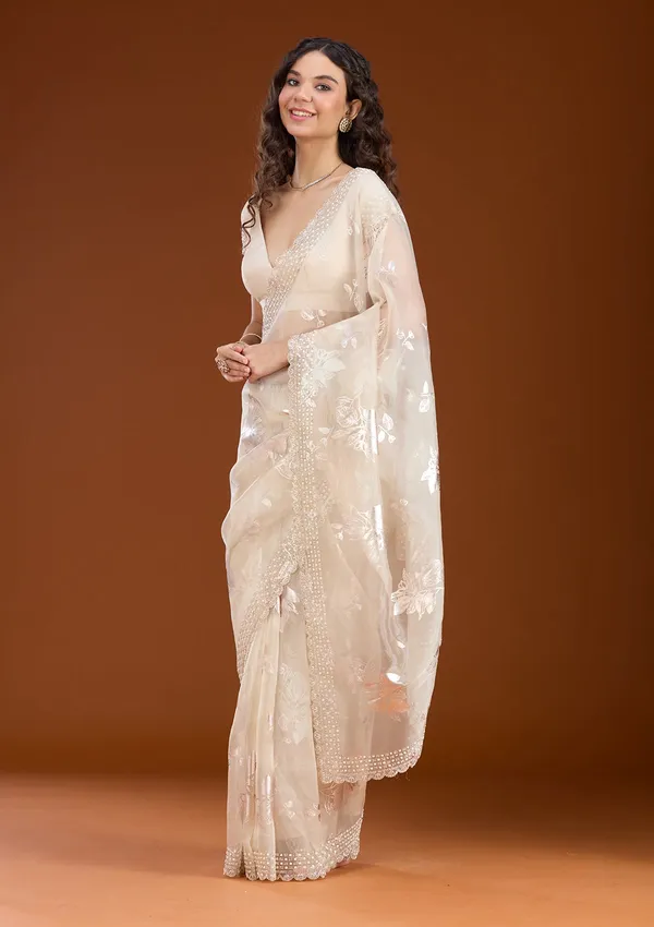 Beige_Stonework_Gold_Organza_Saree