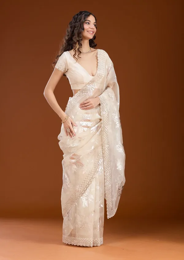 Beige_Stonework_Gold_Organza_Saree