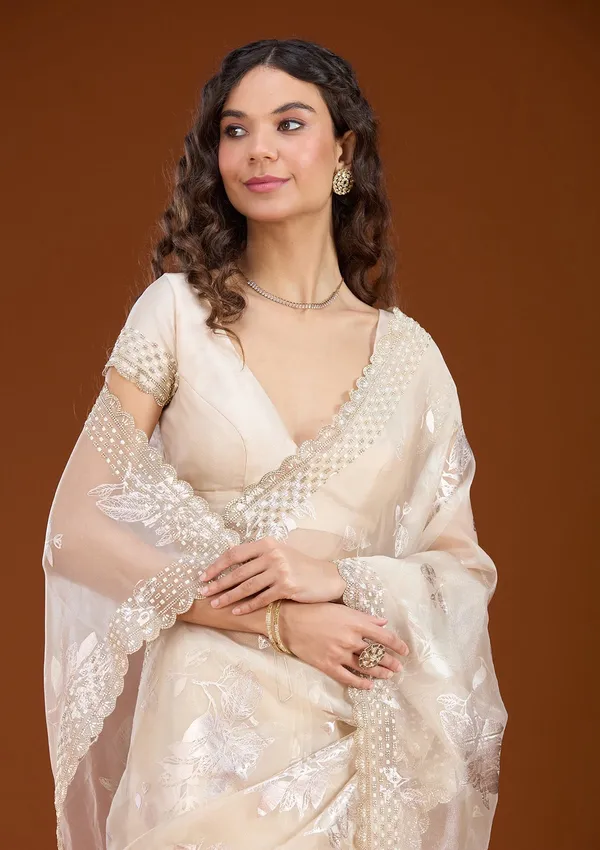 Beige_Stonework_Gold_Organza_Saree
