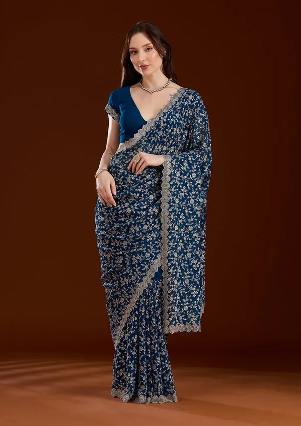 Peacock_Blue_Zariwork_Silver_Georgette_Saree