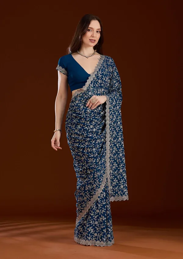 Peacock_Blue_Zariwork_Silver_Georgette_Saree