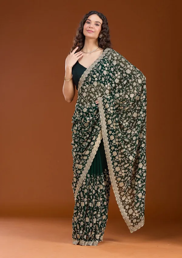 Bottle_Green_Zariwork_Gold_Georgette_Saree