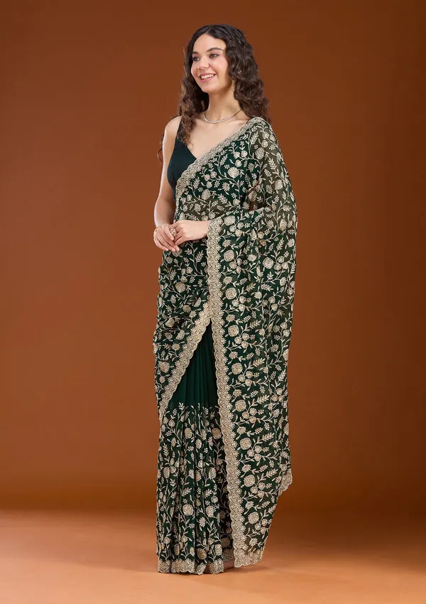 Bottle_Green_Zariwork_Gold_Georgette_Saree