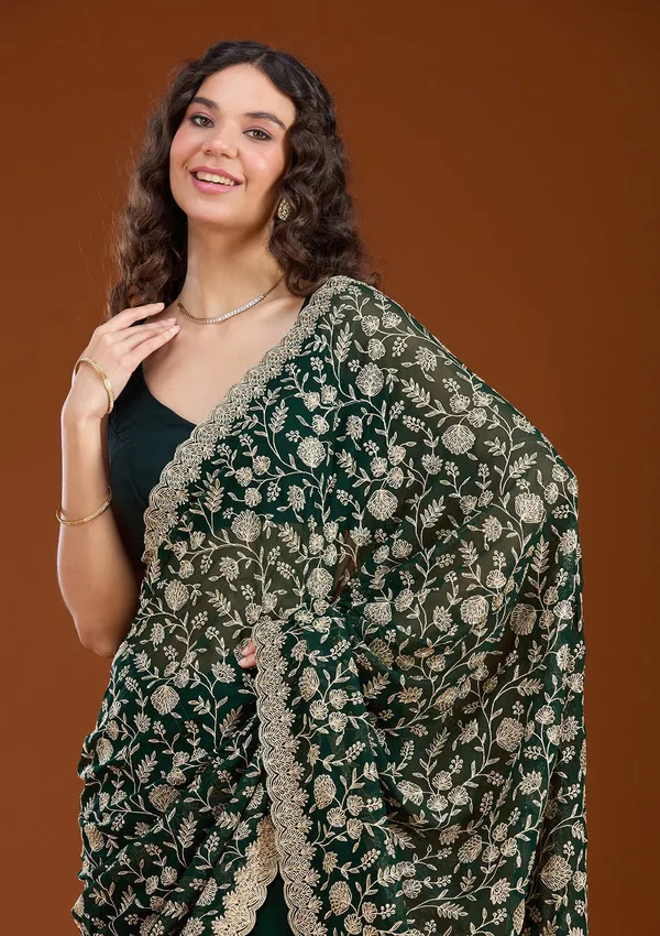 Bottle_Green_Zariwork_Gold_Georgette_Saree