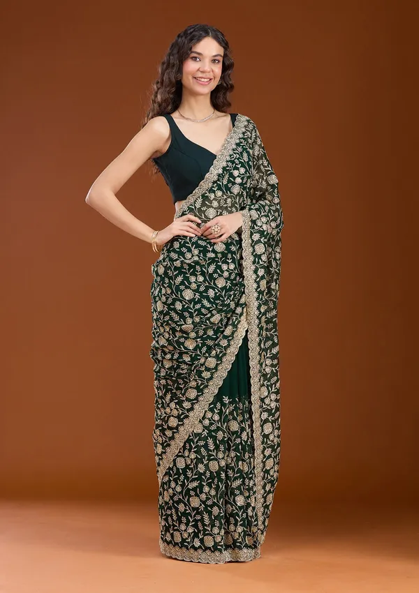 Bottle_Green_Zariwork_Gold_Georgette_Saree