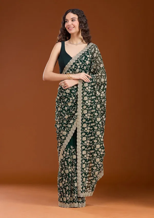 Bottle_Green_Zariwork_Gold_Georgette_Saree