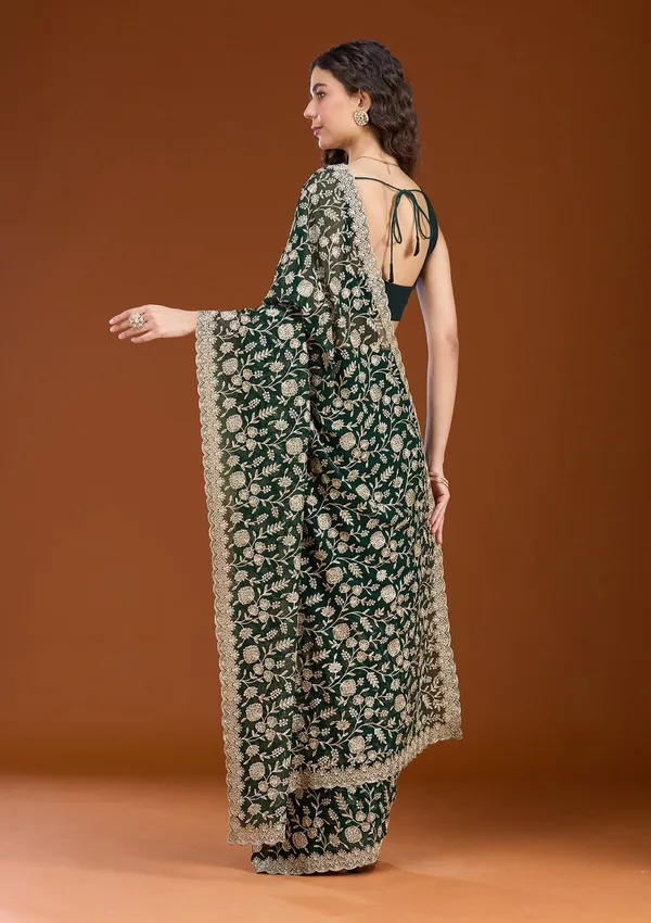 Bottle_Green_Zariwork_Gold_Georgette_Saree