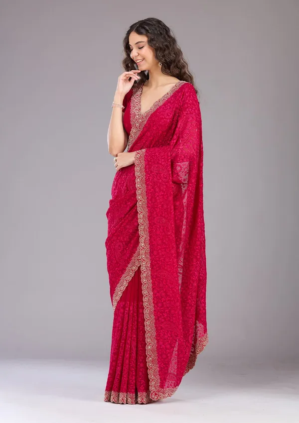 Magenta_Pink_Threadwork_Georgette_Saree