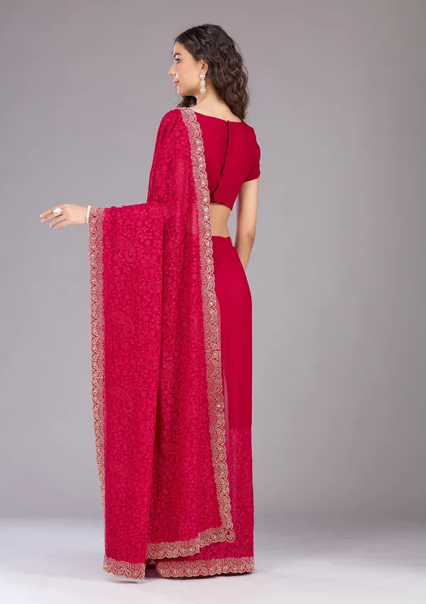 Magenta_Pink_Threadwork_Georgette_Saree
