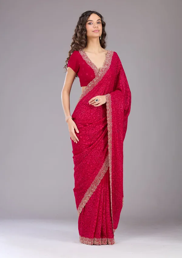 Magenta_Pink_Threadwork_Georgette_Saree