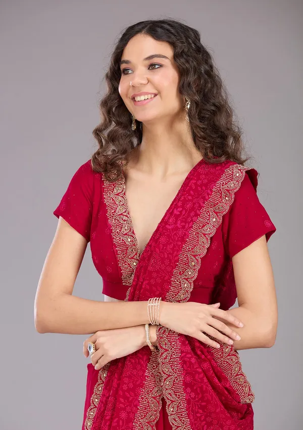 Magenta_Pink_Threadwork_Georgette_Saree