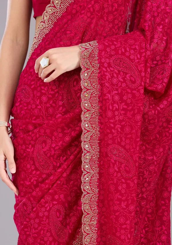 Magenta_Pink_Threadwork_Georgette_Saree