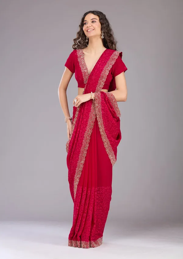 Magenta_Pink_Threadwork_Georgette_Saree