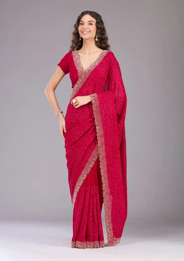 Magenta_Pink_Threadwork_Georgette_Saree