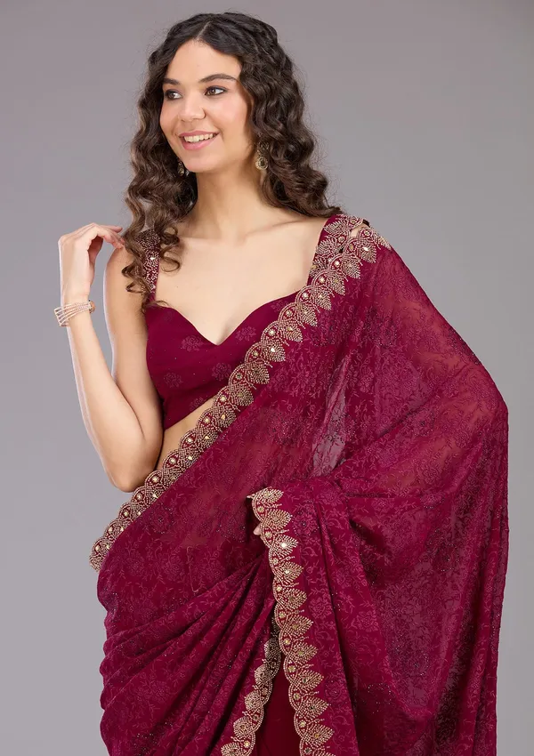 Wine_Threadwork_Georgette_Saree