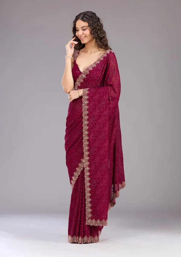 Wine_Threadwork_Georgette_Saree