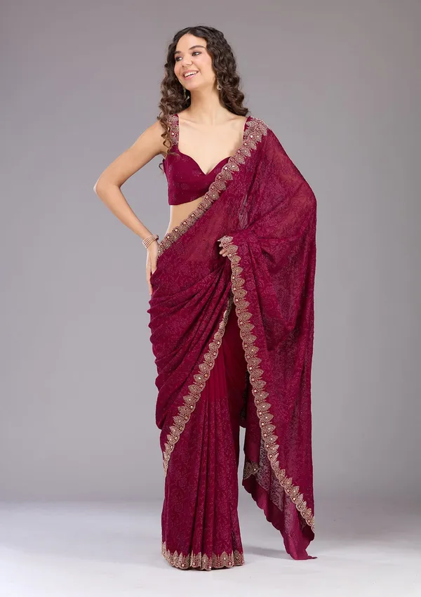 Wine_Threadwork_Georgette_Saree