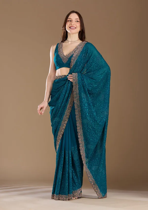 Peacock_Blue_Threadwork_Georgette_Saree