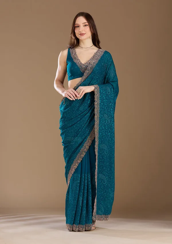 Peacock_Blue_Threadwork_Georgette_Saree