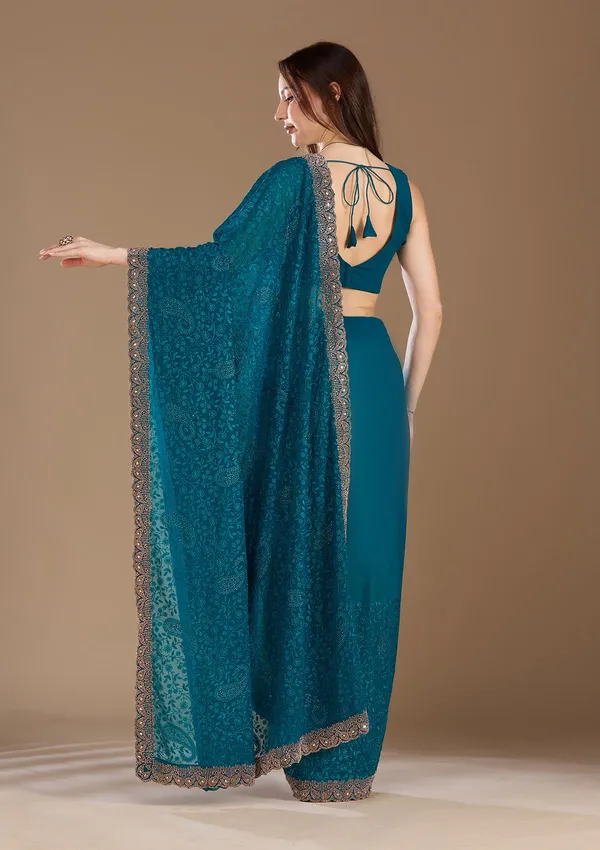 Peacock_Blue_Threadwork_Georgette_Saree