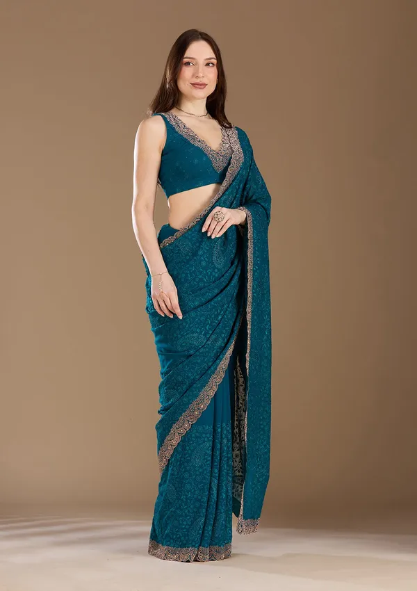 Peacock_Blue_Threadwork_Georgette_Saree