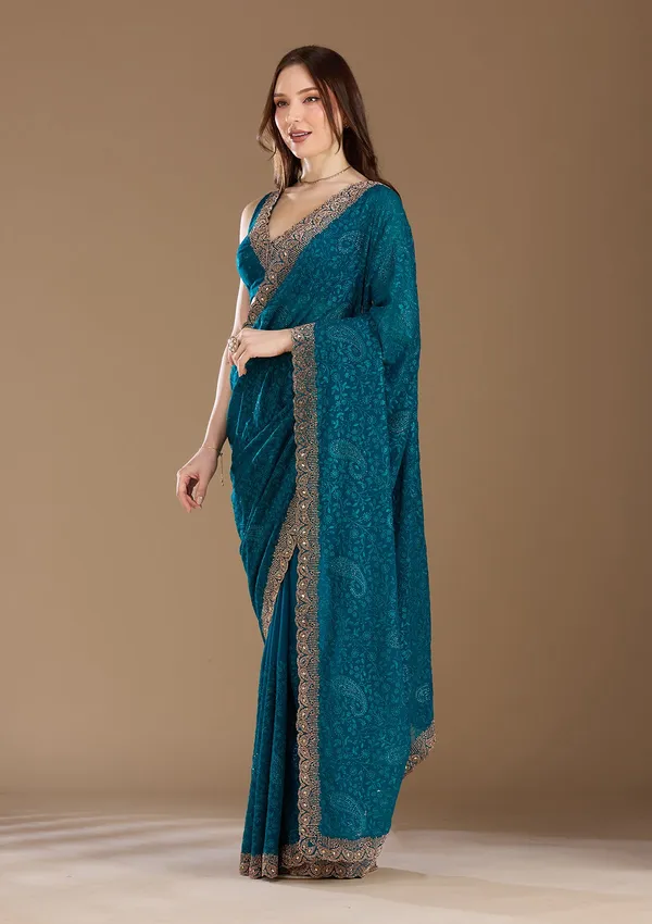 Peacock_Blue_Threadwork_Georgette_Saree
