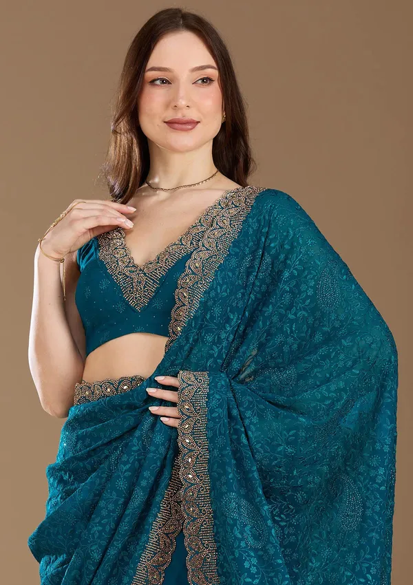 Peacock_Blue_Threadwork_Georgette_Saree