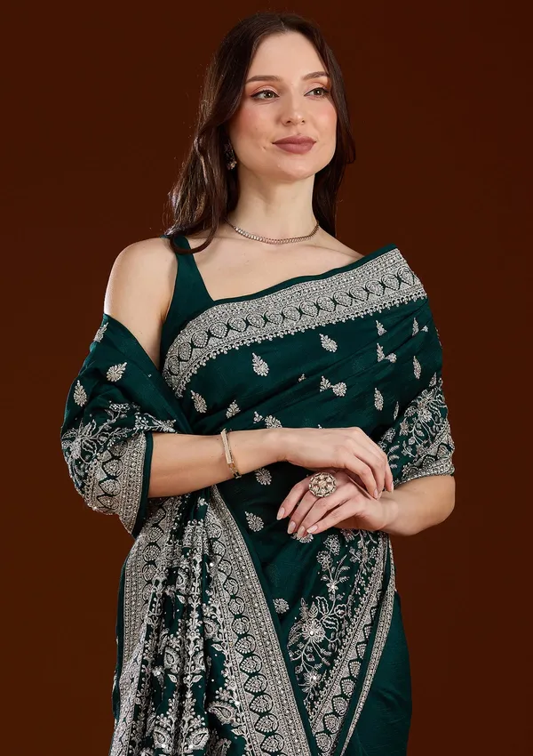 Bottle_Green_Zariwork_Silver_Soft_Raw_Silk_Saree