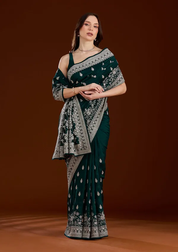 Bottle_Green_Zariwork_Silver_Soft_Raw_Silk_Saree