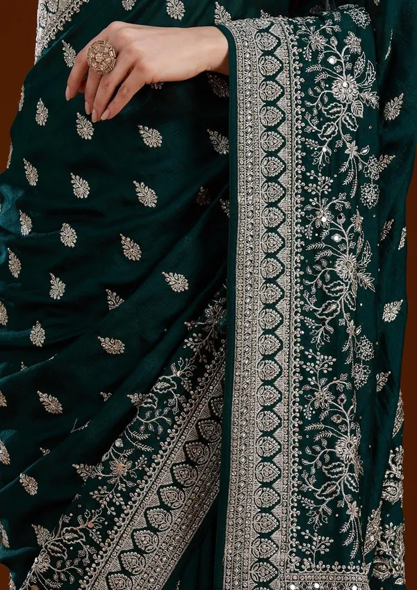 Bottle_Green_Zariwork_Silver_Soft_Raw_Silk_Saree