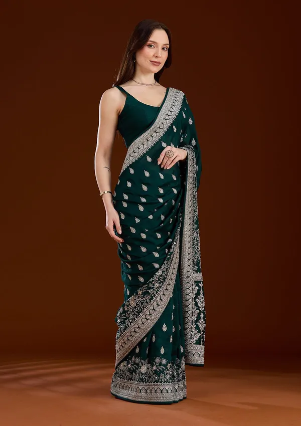 Bottle_Green_Zariwork_Silver_Soft_Raw_Silk_Saree