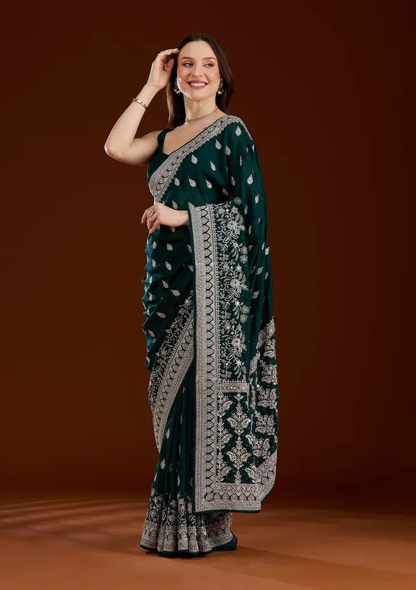 Bottle_Green_Zariwork_Silver_Soft_Raw_Silk_Saree