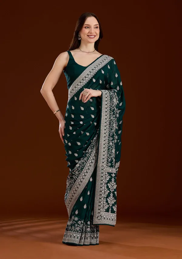 Bottle_Green_Zariwork_Silver_Soft_Raw_Silk_Saree