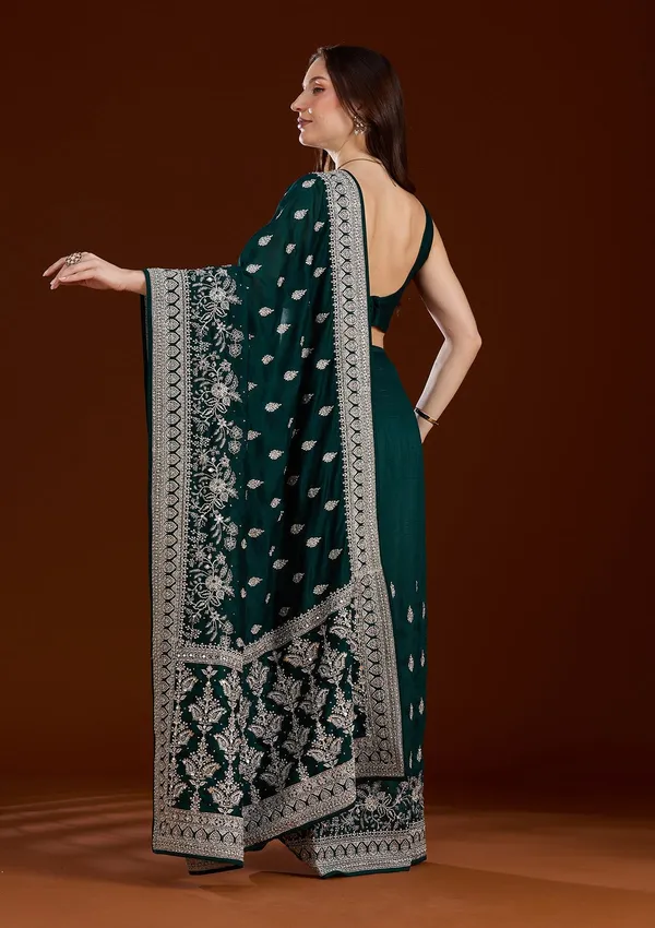 Bottle_Green_Zariwork_Silver_Soft_Raw_Silk_Saree