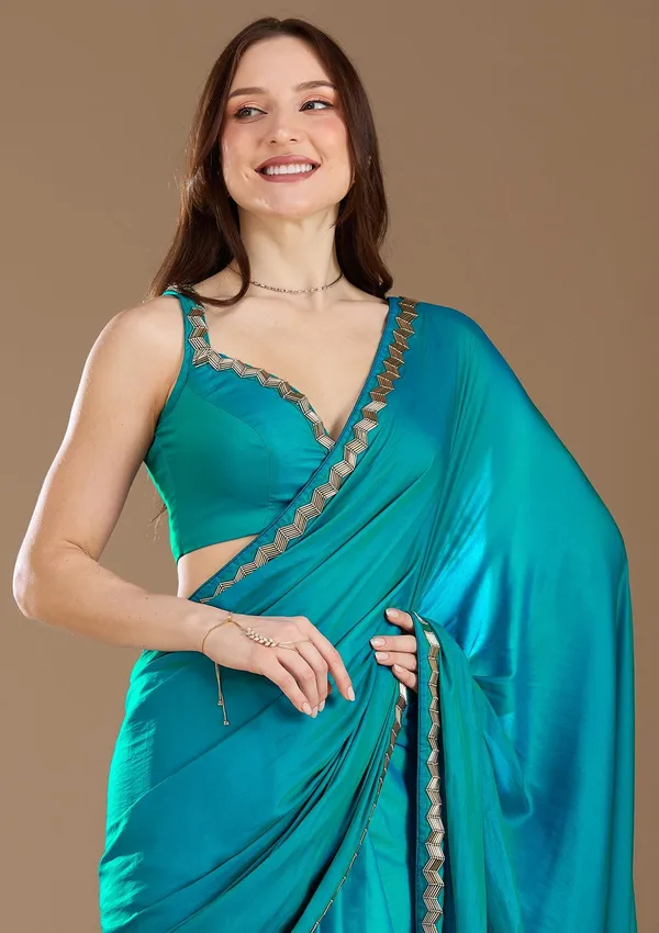Turquoise_Blue_Aariwork_Satin_Saree
