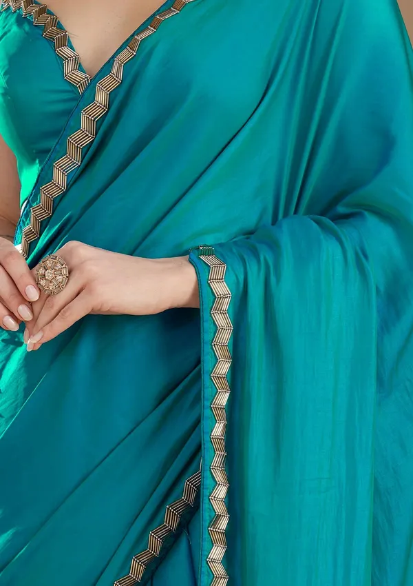 Turquoise_Blue_Aariwork_Satin_Saree