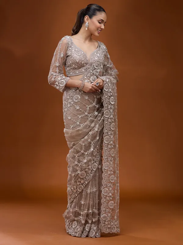 Beige_Cording_Net_Saree