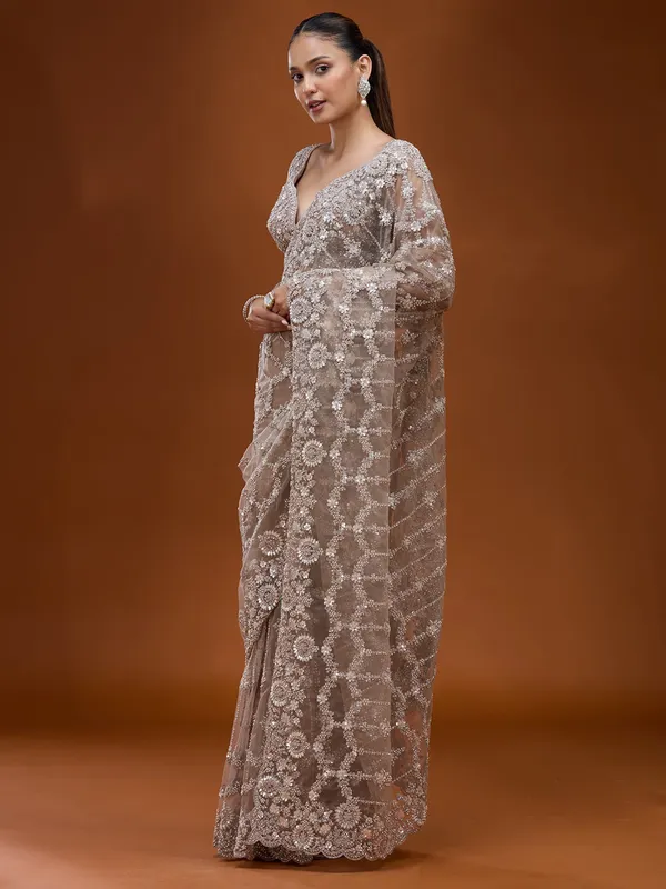 Beige_Cording_Net_Saree