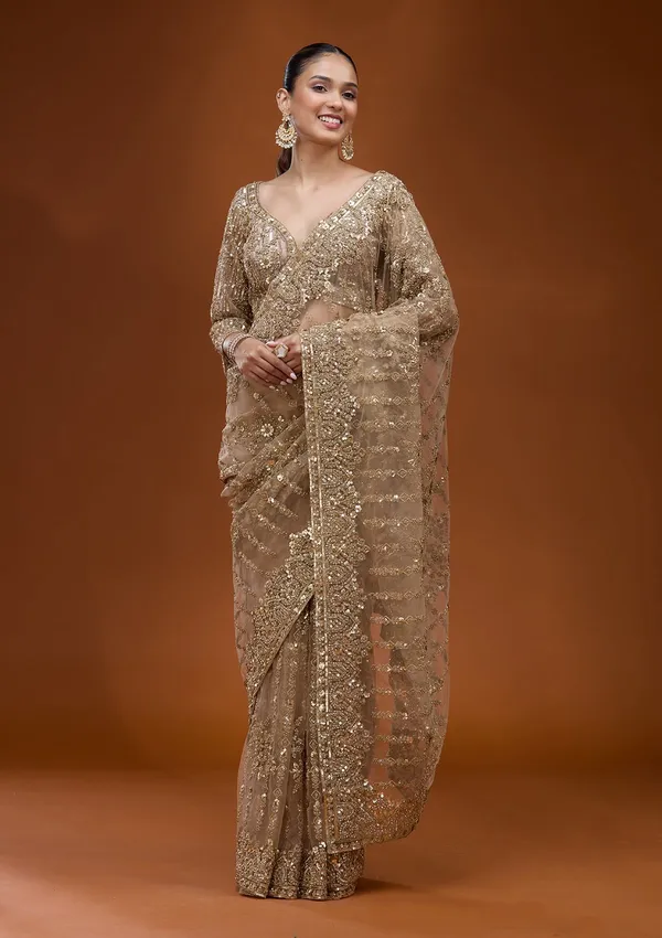 Beige_Cording_Net_Saree