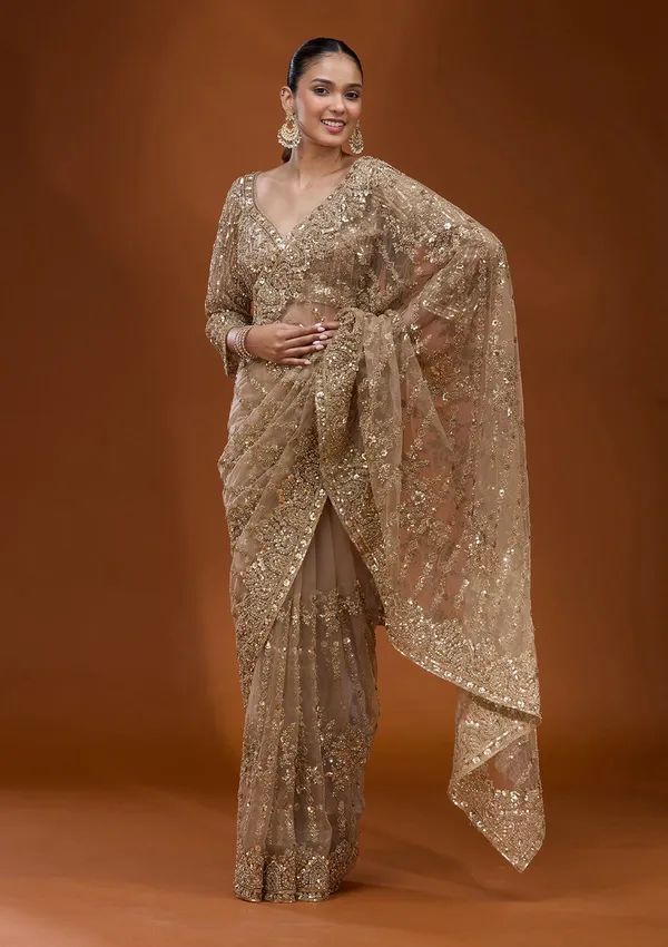 Beige_Cording_Net_Saree