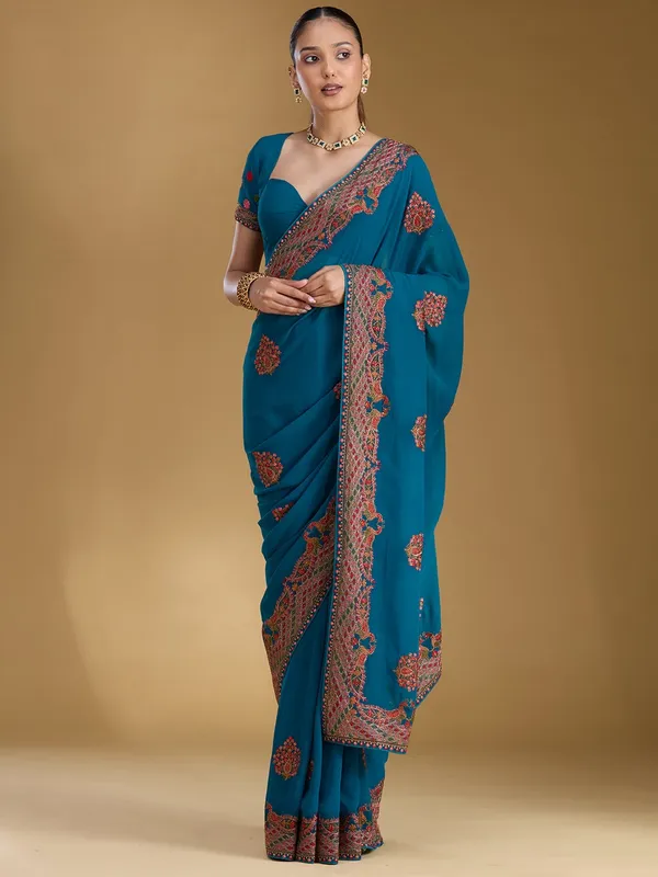 Peacock_Blue_Kashmiri_Georgette_Saree