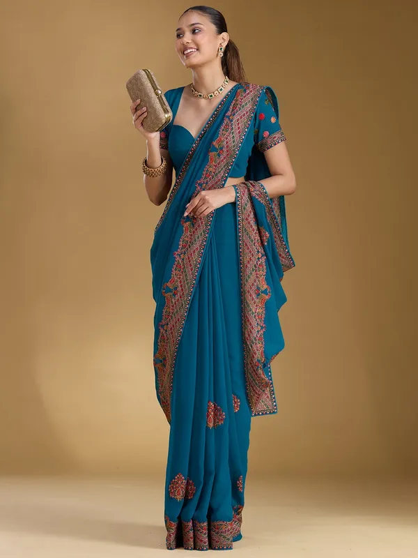 Peacock_Blue_Kashmiri_Georgette_Saree