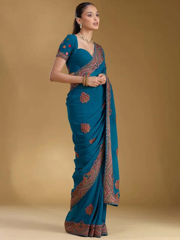 Peacock_Blue_Kashmiri_Georgette_Saree