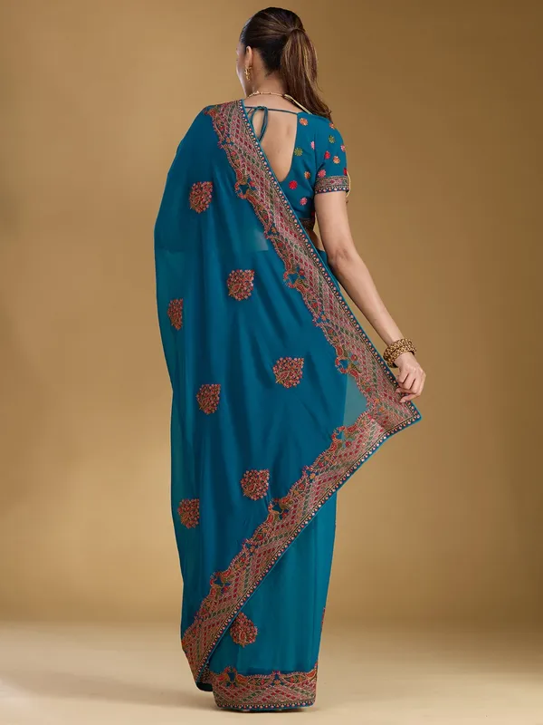 Peacock_Blue_Kashmiri_Georgette_Saree