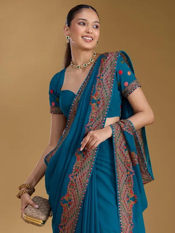 Peacock_Blue_Kashmiri_Georgette_Saree